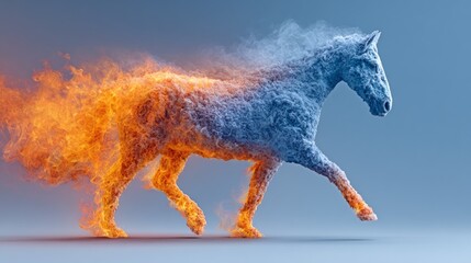 A stunning representation of a horse shaped from vibrant flames and swirling smoke, creating a captivating visual effect against a soft blue backdrop