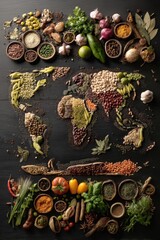 World map created from grains, beans, spices, and vegetables, symbolizing global cuisine