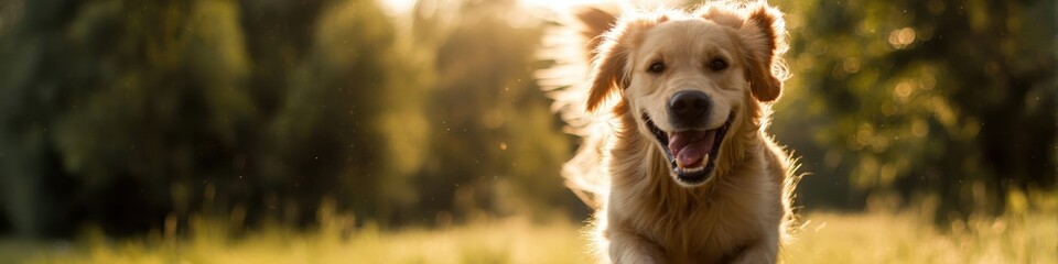 Obraz premium Joyful Golden Retriever dog running directly toward the camera in a park at sunset