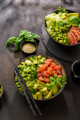 salmon, avocado and edamame bean bowl