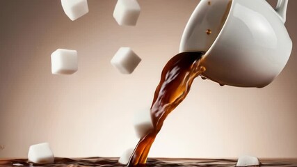 Coffee pours as sugar cubes float near a tilted white mug on a tan background - Powered by Adobe