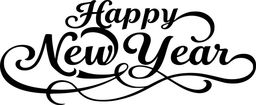 Elegant script happy new year vector illustration with flowing curves for festive greetings silhouette White background
