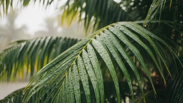 Close up of lush green palm fronds with water droplets in soft natural light during a gentle rain shower