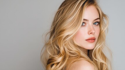 Fototapeta premium Stunning portrait of a beautiful young blonde woman with long wavy hair and blue eyes