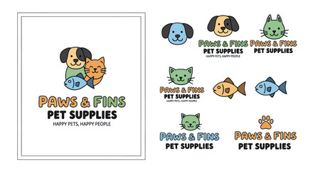 Cute pet supply logo collection with dog cat and fish characters.