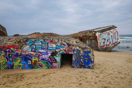 Cap Breton, France - 15 March, 2025: WW2 military bunkers on La Piste beach, Capbreton, Landes, Nouvelle-Aquitane