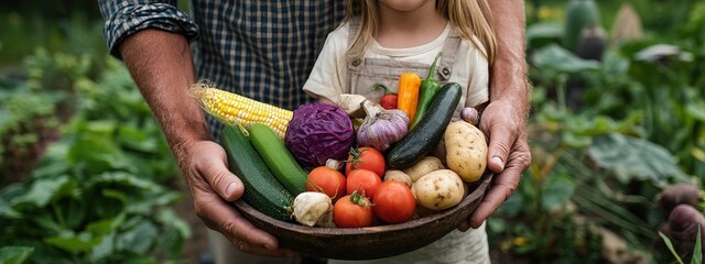 Fototapeta premium Dad and little girl together holding a basket with an abundant harvest of vegetables