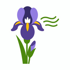 Naklejka premium Elegant Purple Iris Illustration with Bud and Green Leaves on White Background Simple Floral Design