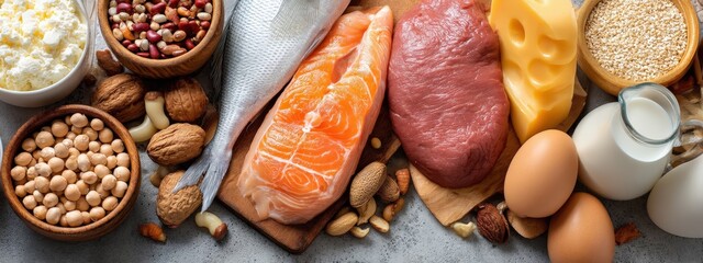 Protein-rich foods: meat, fish, eggs, cottage cheese, dairy, and nuts on a dark background