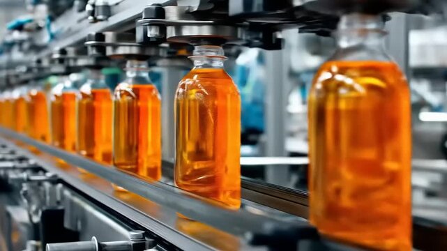 Automated bottling line fills clear bottles with a vibrant, amber liquid. Machinery in operation