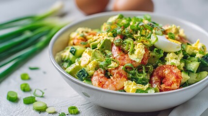 Keto salad with shrimp, avocado, egg, and cucumber on a light background