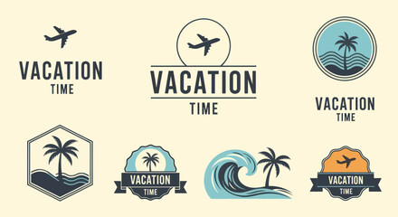 Vintage summer vacation logo collection with travel icons.