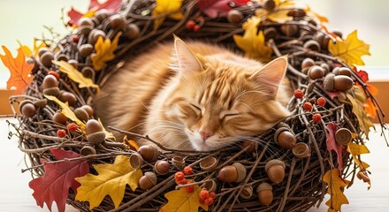 Orange cat sleeping peacefully in a wreath with autumn leaves - Concept of Thanksgiving Day 