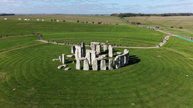 Drone view of Stonehenge and Wiltshire Countryside in England, UK. The stone circle dates to 3000 BC and is one of the best known ancient wonders of the world and UNESCO World Heritage Site.