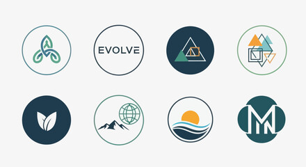 Collection of Diverse Circular Logos Featuring Abstract and Nature-Inspired Designs.