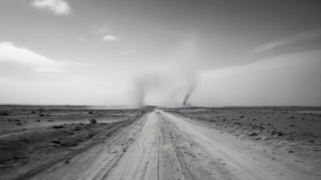 Desert landscape with multiple dust devils swirling across a vast arid plain under a cloudy sky leading down a dirt road in black and white