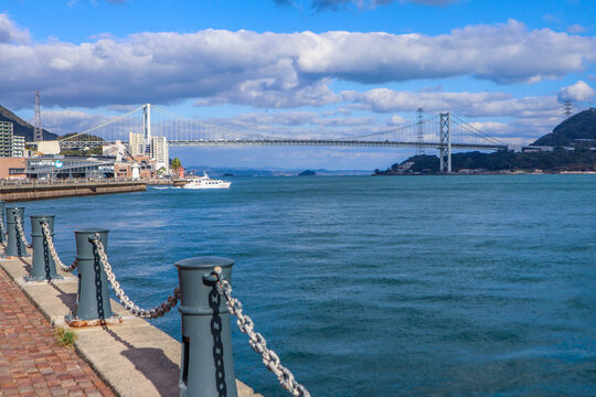 Kanmon Suspension Bridge Over Strait Connecting Honshu and Kyushu, Japan