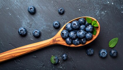 Fresh blueberries in a wooden spoon on a dark background, healthy eating concept.