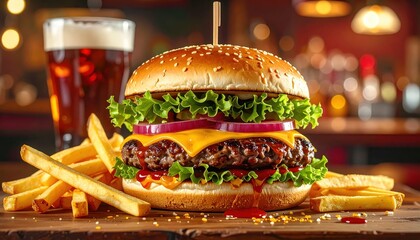 Delicious, freshly prepared hamburger with melted cheese, lettuce, and onion rings on a sesame seed bun is presented alongside crispy golden fries and a pint of dark beer, creating a mouthwatering...