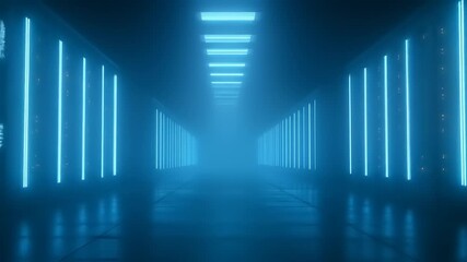 A futuristic, blue-lit hallway with vertical and horizontal light elements, vanishing point - Powered by Adobe