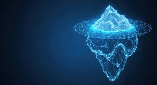 A digital wireframe iceberg glowing with network energy