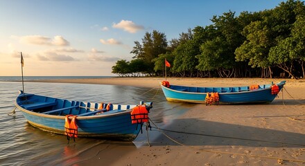 Fototapeta premium Boats on a Tropical Beach at Sunset - Serene Coastal Scene.