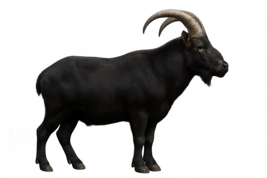 Black male goat with large curved horns standing in profile, animal isolated with transparent background - Powered by Adobe