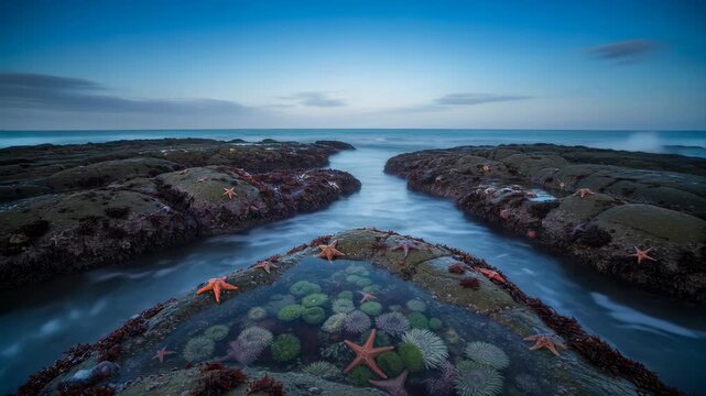 Dramatic Seascape With Orange Starfish Clustered On Wet Rocks During Twilight With Gentle Ocean Waves Flowing Through Channels Under A Deep
