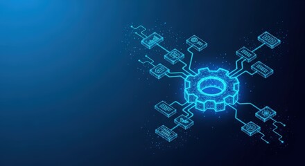 Obraz premium A glowing blue cogwheel at the center of a technology workflow