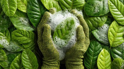 Hands holding a soapy leaf surrounded by fresh green leaves in a nature-inspired cleaning scene