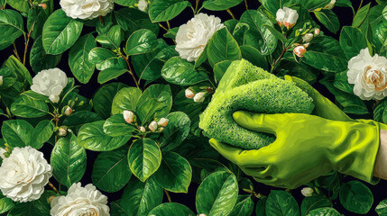 Green gloves hold a sponge against a background of lush green leaves and white flowers during a bright spring day