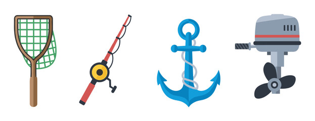 Collection of colorful fishing equipment including a net, fishing rod, blue anchor, and boat motor, illustrating nautical and recreational fishing themes.