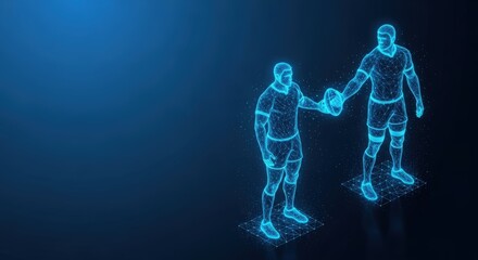 A glowing blue digital hologram of a rugby player