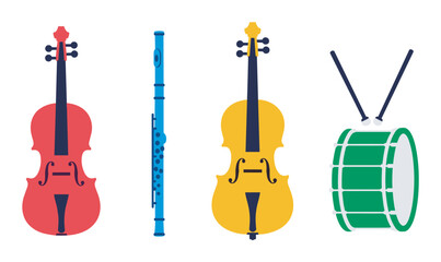 Fototapeta na wymiar Colorful flat design illustrations of a violin, flute, cello, and drum representing various musical instruments.