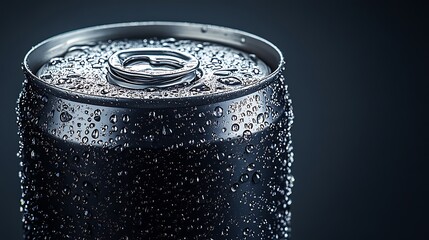 Close up of a cold refreshing beverage can covered in water droplets