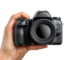 Camera held in hand against a stark, isolated black background