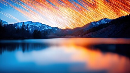 meteor. Vibrant meteor trails painting the night sky, mirrored perfectly in a tranquil alpine lake. travel magazines, destination branding, designed for outdoor magazines and nature guides.