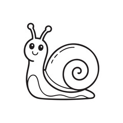 Cute cartoon snail with a smiling face, simple black and white line art, spiral shell, adorable and friendly design, minimalistic outline illustration © MUHSHINAT