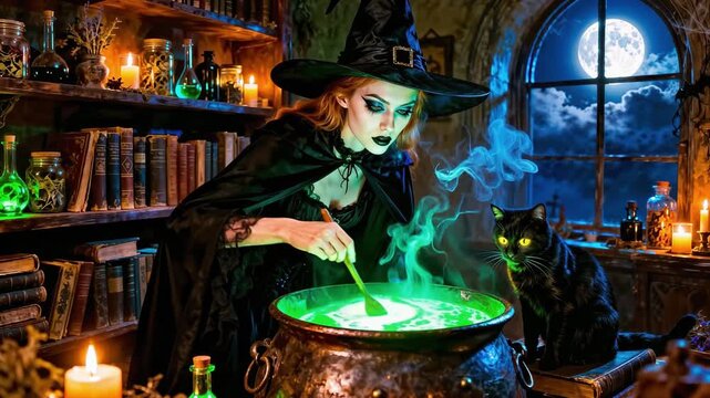 Witch Stirring Green Potion in Cauldron with Her Black Cat Watching