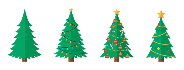 Fototapeta premium Four stylized christmas trees with varying decorations, including lights, ornaments, and stars, displayed in a row.