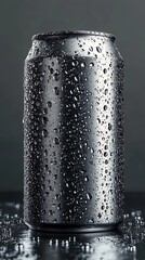 Cold refreshing aluminum can covered in water droplets