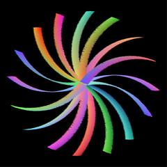Vibrant rainbow-colored abstract spiral vortex design with textured radiating arms, creating a dynamic sense of motion on a solid black background
