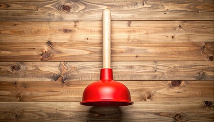 Red Rubber Plunger with Wooden Handle Resting on Textured Rustic Brown Wooden Surface Overhead View