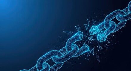 A glowing digital chain link shattering apart
