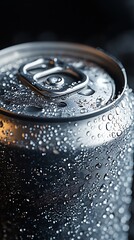 Close up of a cold aluminum can covered in water droplets