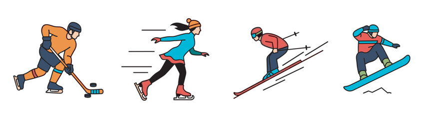 Obraz premium Colorful vector illustration of four winter sports athletes: a male ice hockey player, a female ice skater, a male skier, and a male snowboarder in motion.