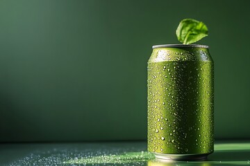 Refreshing green beverage can with water droplets and leaf garnish