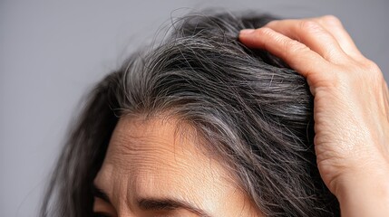 Fototapeta premium Woman showing gray hair and roots while touching her head with her hand