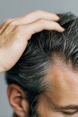 Naklejka premium Woman showing gray hair and roots while touching her head with her hand