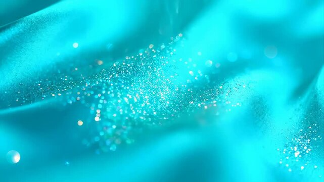 Elegant Teal Satin Fabric Flowing With Glitter Particles And Soft Bokeh Lights Sparkling Under Studio Lighting